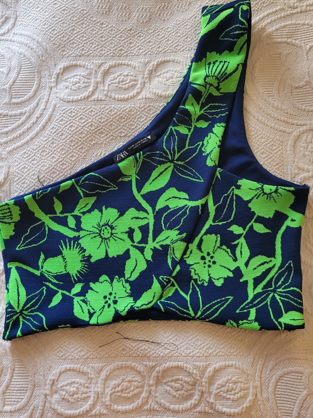 Zara One-Shoulder Floral Crop Top in Neon Green and Navy